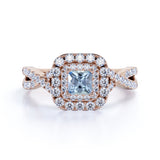 Three Stone 1.50 ct Princess Aquamarine Halo Engagement Ring