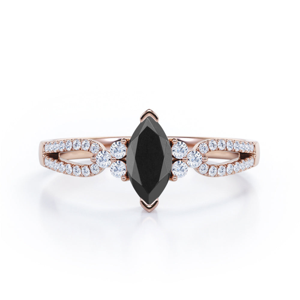 Stylish 1.45 Carat Marquise Cut Black Diamond Double Shank Engagement Ring In White Gold
