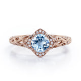 Modern Art Deco 1.10 Carat Round Cut Aquamarine And Diamond Cushion Framed Halo Engagement Ring In Rose Gold