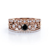 Unique 1.50 Carat Round cut Lab Black Diamond Trio Wedding Ring Set in Rose Gold for Her