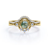 Exceptional Handcrafted Flower 0.8 carat Round Moss Agate and Moissanite Wedding Set in White Gold