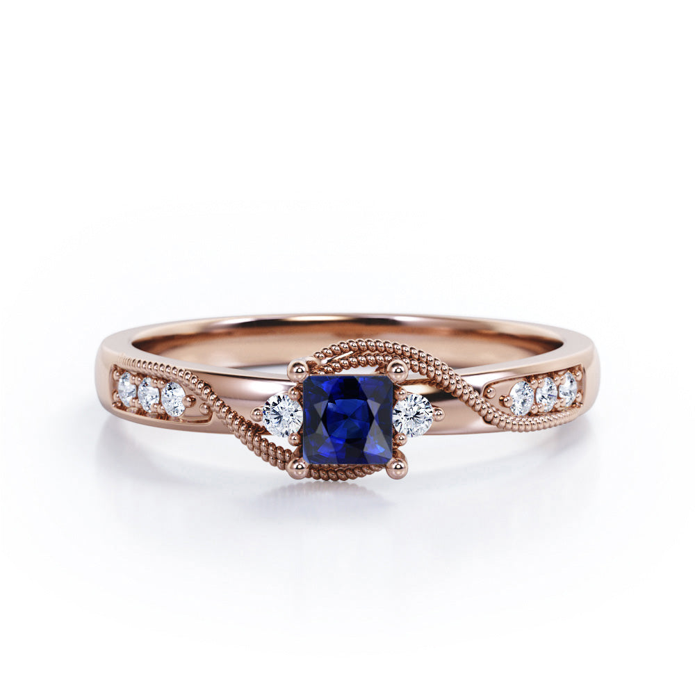 Double Curved Line Milgrain 0.55 carat Princess Blue Sapphire and Moissanite Dainty Engagement Ring in White Gold