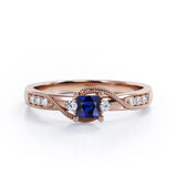 Double Curved Line Milgrain 0.55 carat Princess Blue Sapphire and Moissanite Dainty Engagement Ring in White Gold