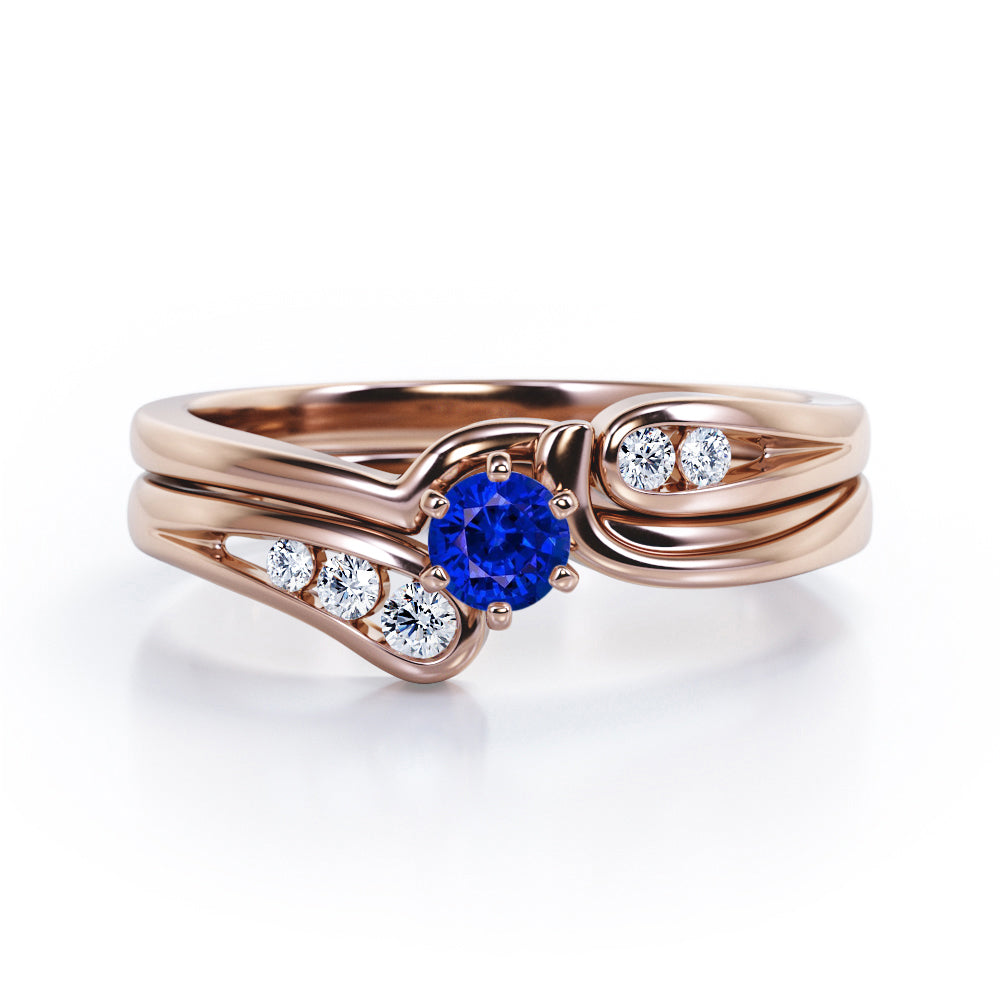 Mini Channel Design 0.5 TCW Round Cut Blue Sapphire and Moissanite Six-Prong Bridal Ring Set in White Gold