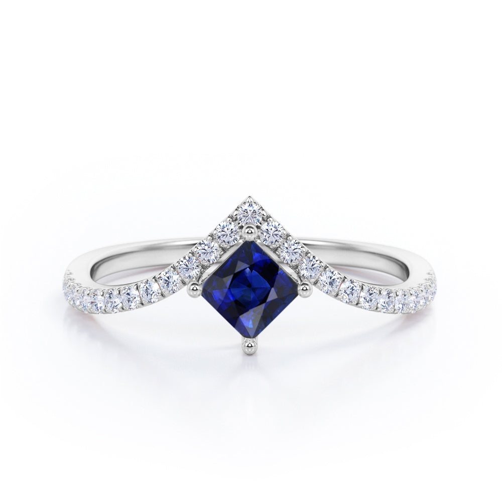 Chevron 1.25 Carat Princess Cut Sapphire And Diamond Four Prong Pave Set Engagement Ring In Rose Gold