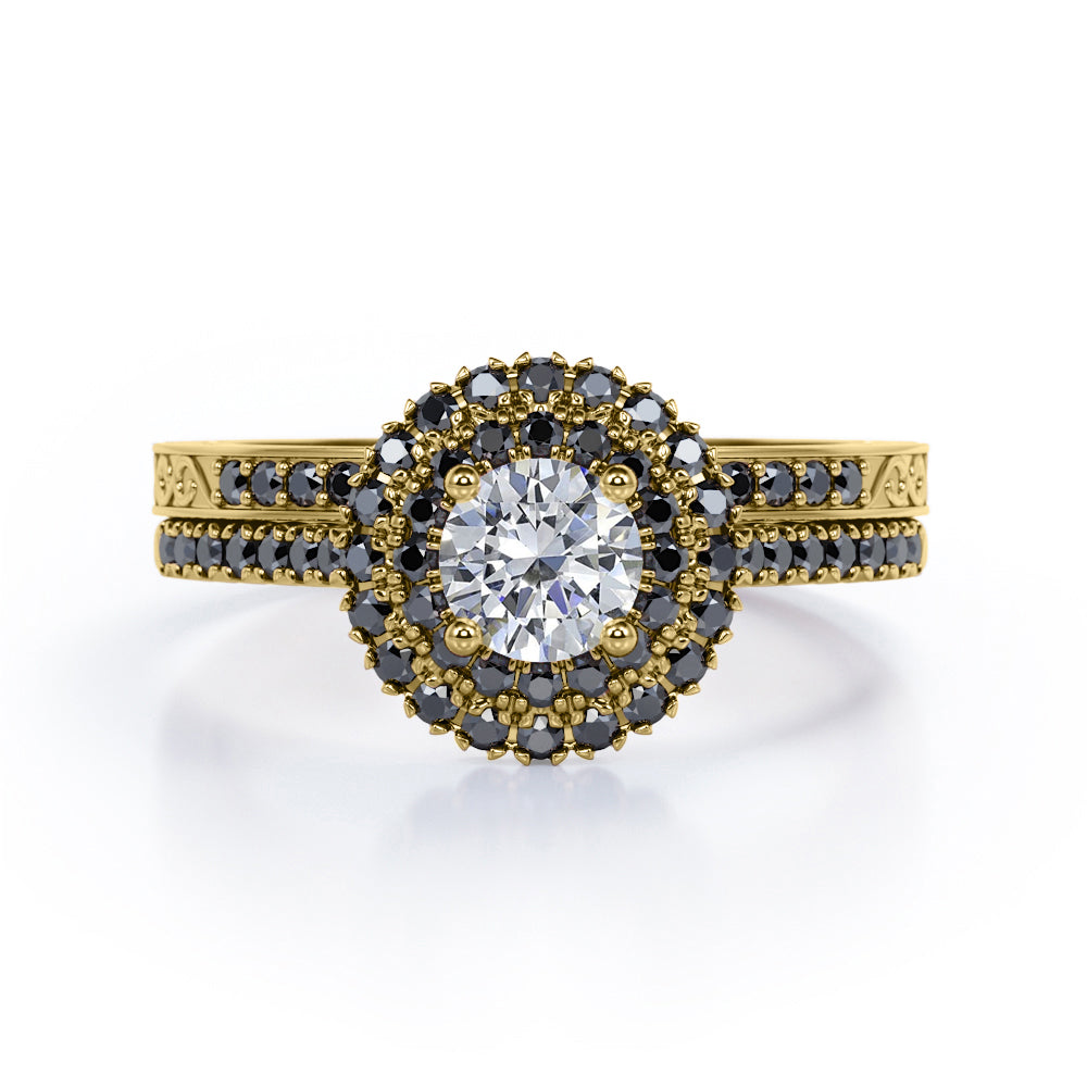 Double Halo Pave 1.75 TCW Round Moissanite with Lab Created Black Diamond Filigree Wedding Ring Set in Rose Gold