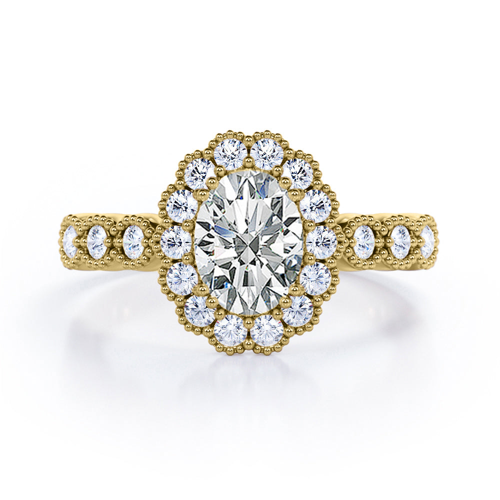 Vintage Floral Halo 0.7 carat Oval and Round Moissanite Engagement Ring in Rose Gold