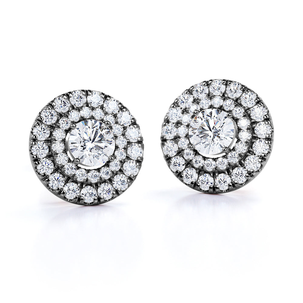 Claw Set 1.20 Carat Round Certified Moissanite and Diamond Double Halo Pave Studs - Wedding Earrings in Rose Gold