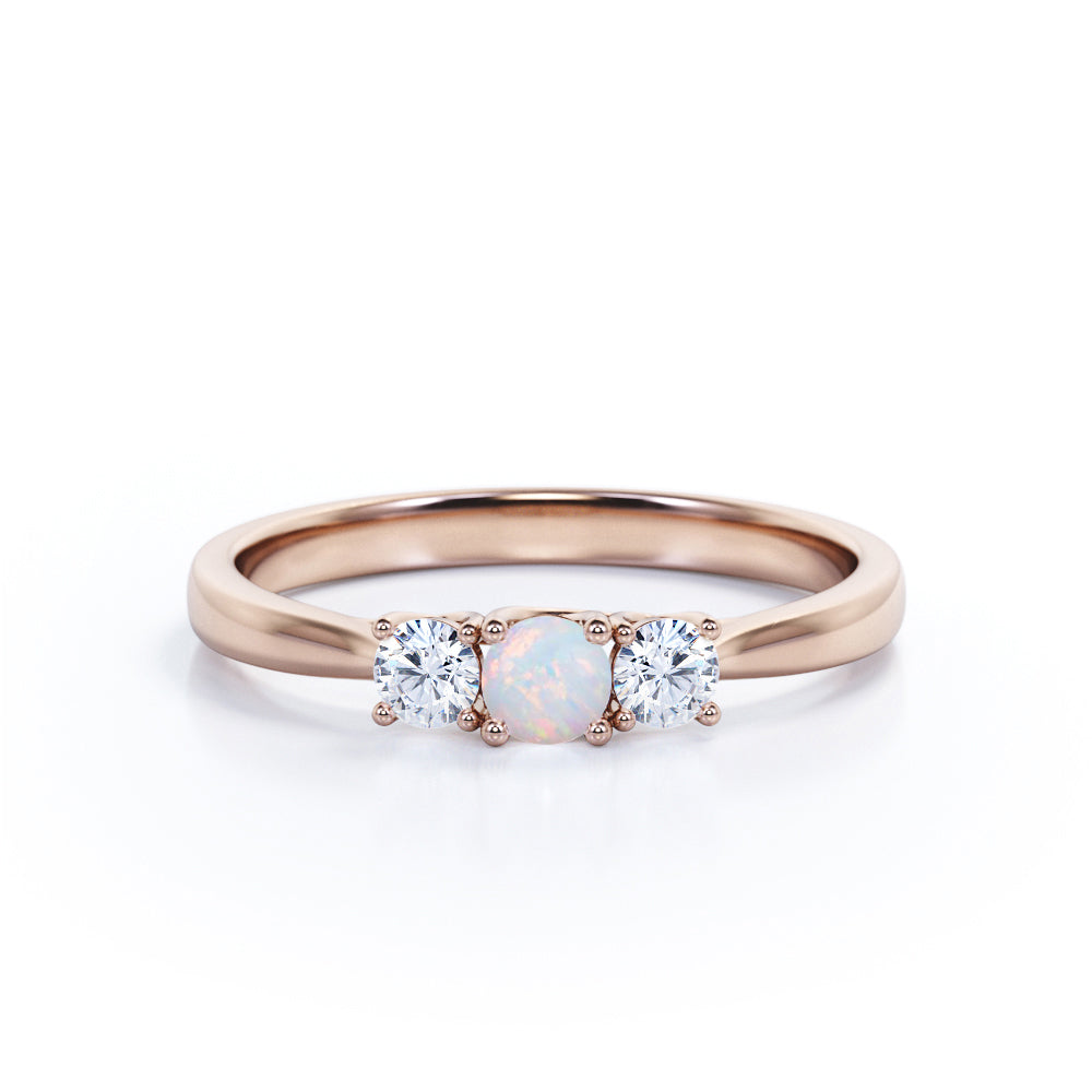 Trillion 1.10 Carat Round Cut Genuine Opal And Diamond Three Stone Engagement Ring In White Gold