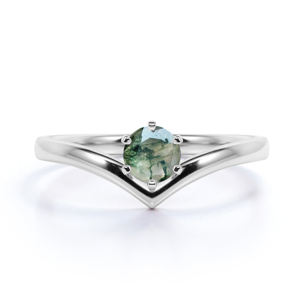 Contour Solitaire 1.25 Carat Round Cut Solid Dendritic Mossy Green Agate Classic Engagement Ring