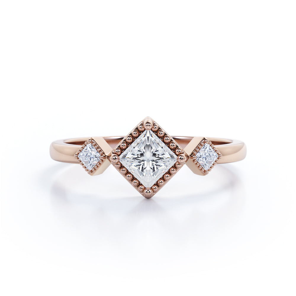 1 Carat Princess Cut Moissanite And Diamond Three Stone Pave Engagement Ring In White Gold