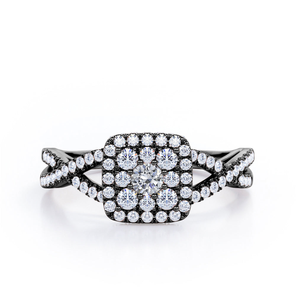 Pave Crossover - 1.25 Carat Round Cut Moissanite and diamond - Flush Cluster Halo Engagement Ring in Rose Gold