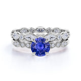 Sale: 2 Carat Round cut Blue Sapphire and Diamond Engagement Bridal Wedding Ring Set