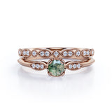 Classic Milgrain 1.50 Carat Round Cut Genuine Banded Moss Green Agate and Diamond Marquise Dot Art Deco band Bridal Set Rings