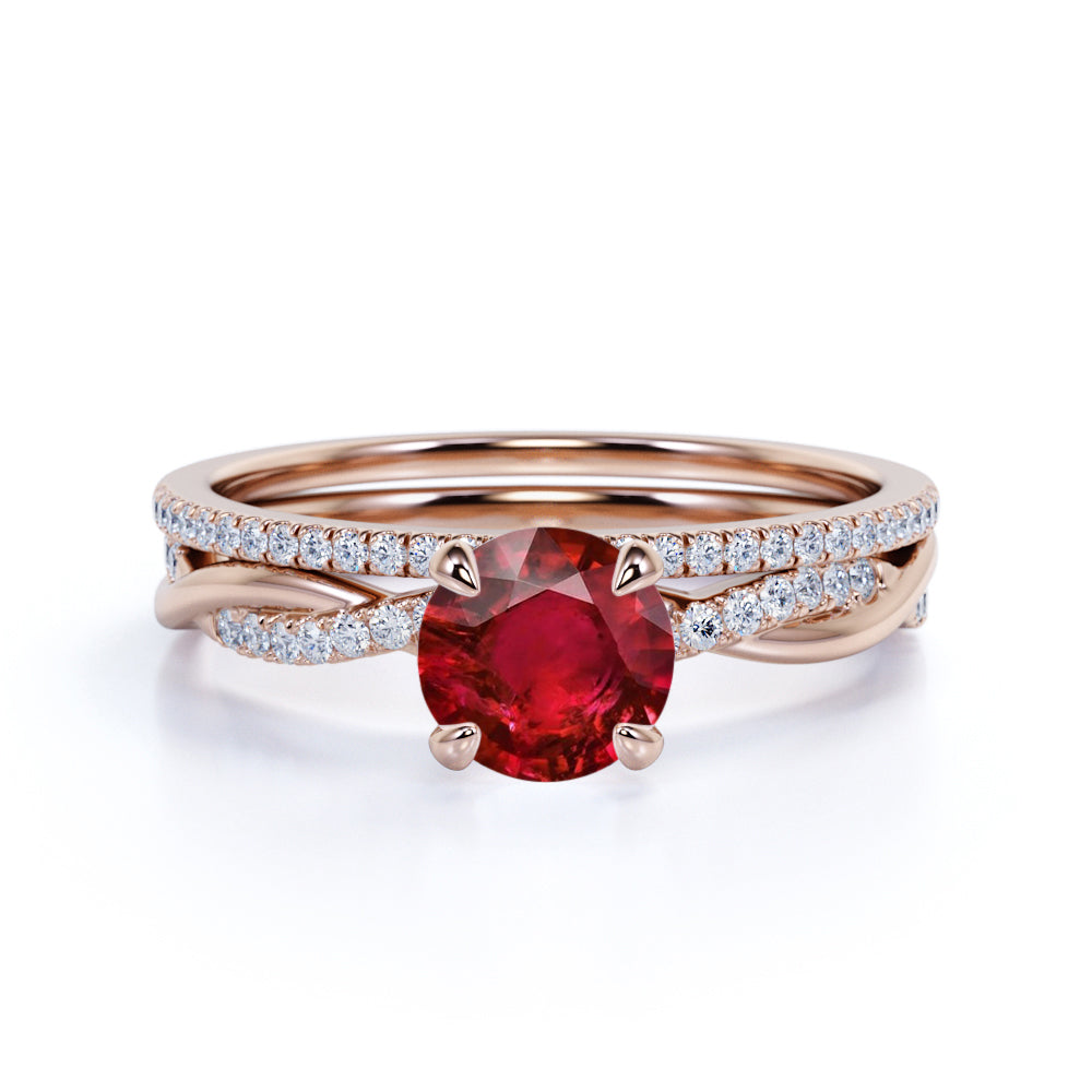 Classic Infinity 1.50 Carat Round Cut Lab Ruby and Diamond Pave Wedding Ring Set in White Gold