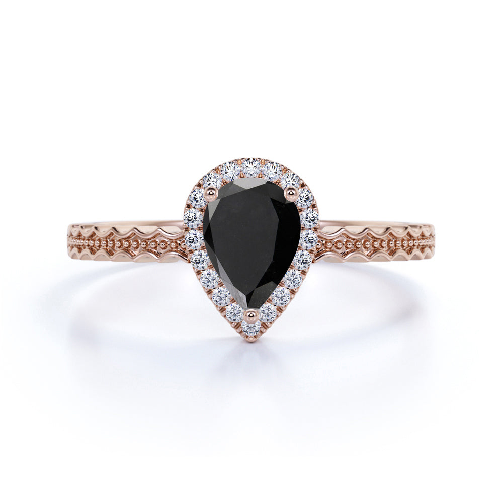 Wave Design 1.50 Carat Pear Cut Lab Created Lab Black Diamond and Zigzag Engagement Ring in White Gold