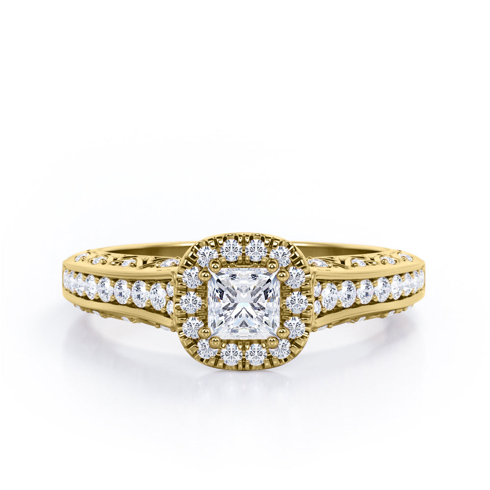 Double Prong Halo - 0.55 TCW Princess Cut Diamond - Filigree Pave-Channel Engagement Ring - 10K White Gold