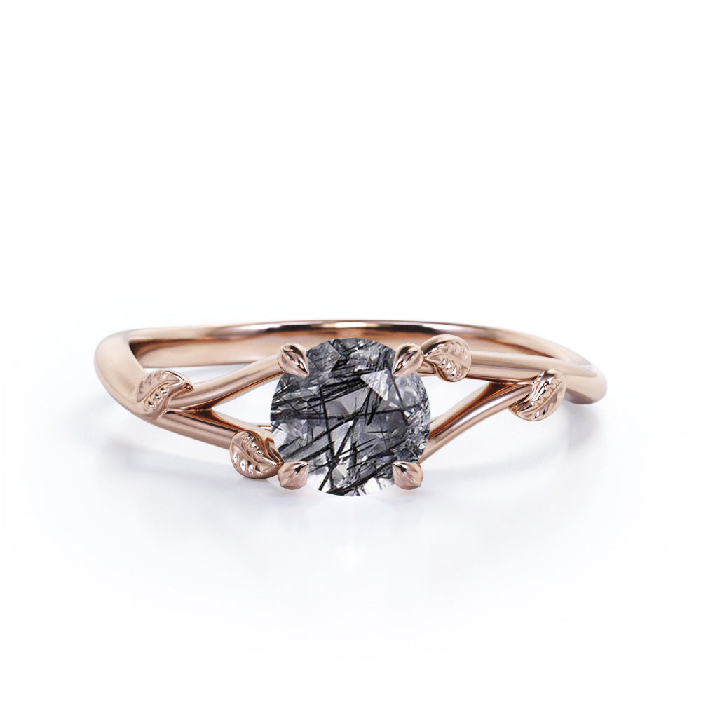 Leaf 1 ct Round Black Rutilated Quartz Split Shank Engagement Ring