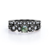 Antique Solitaire 1.25 Carat Round Cut Milky White Druzy Moss Green Agate with Diamond Marquise Dot Art Deco Band Wedding Ring Sets
