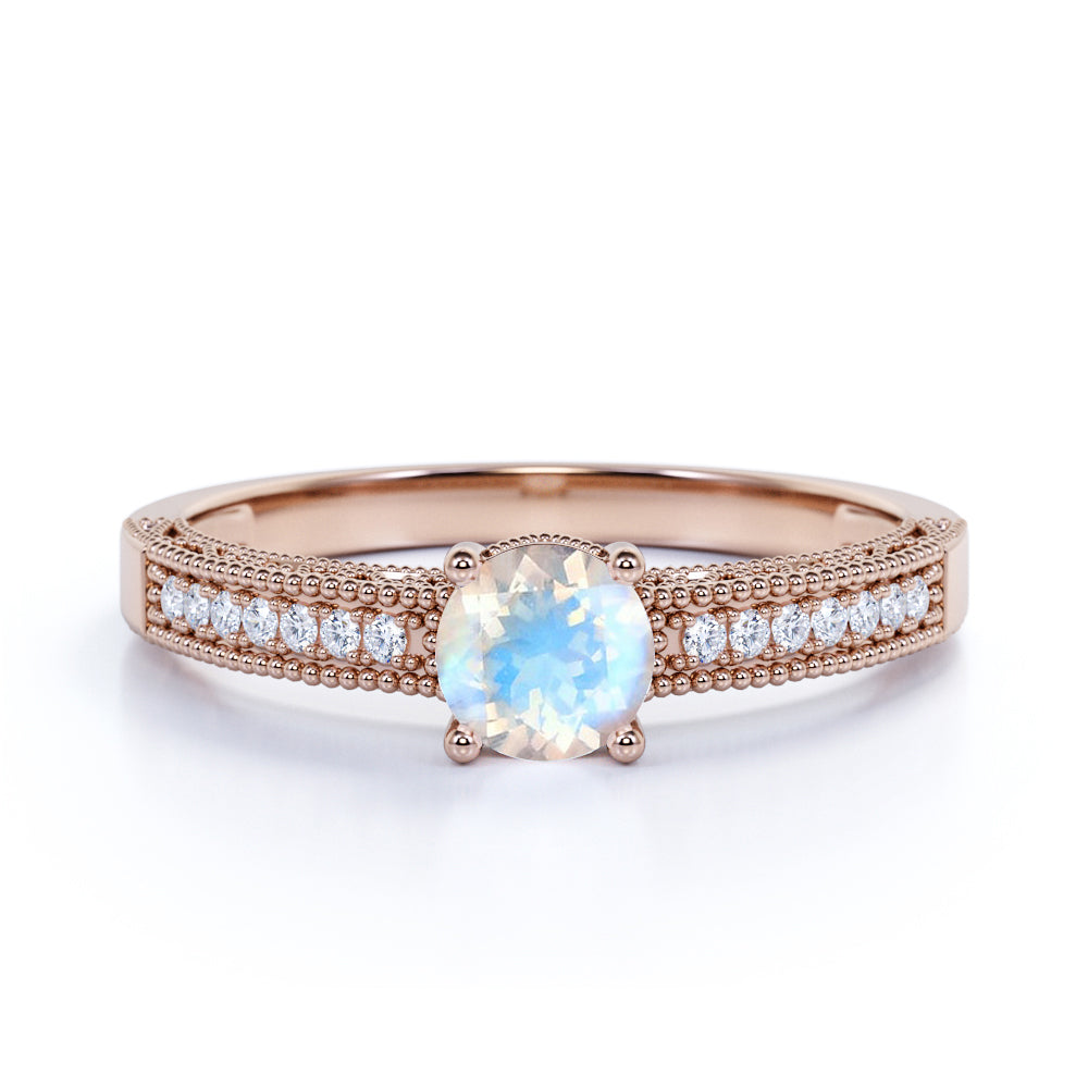 Pave Setting 1.50 Carat European Round Rainbow Moonstone and Diamond Milgrain Engagement Ring in White Gold