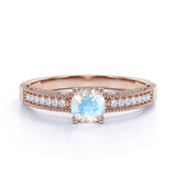 Pave Setting 1.50 Carat European Round Rainbow Moonstone and Diamond Milgrain Engagement Ring in White Gold