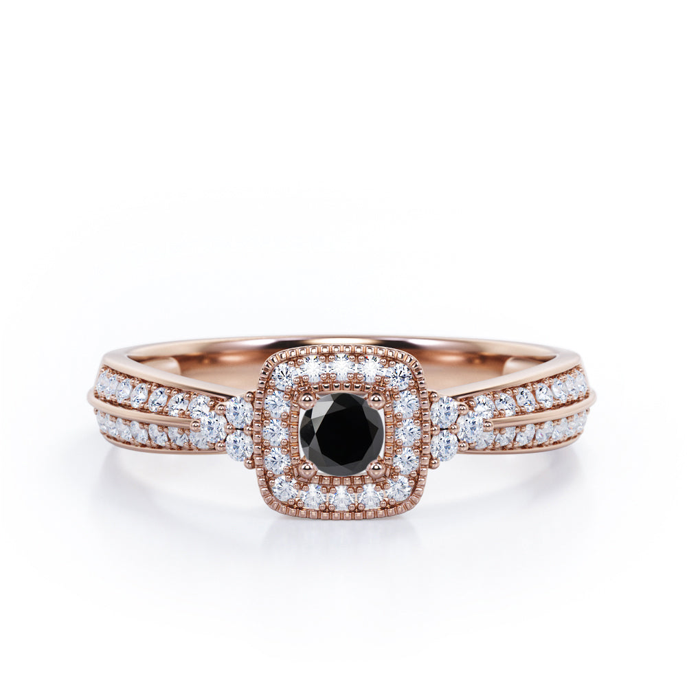 Double Pave Channel 1.5 Carat Round-Shaped Black Diamond Halo Cluster Engagement Ring in  White Gold