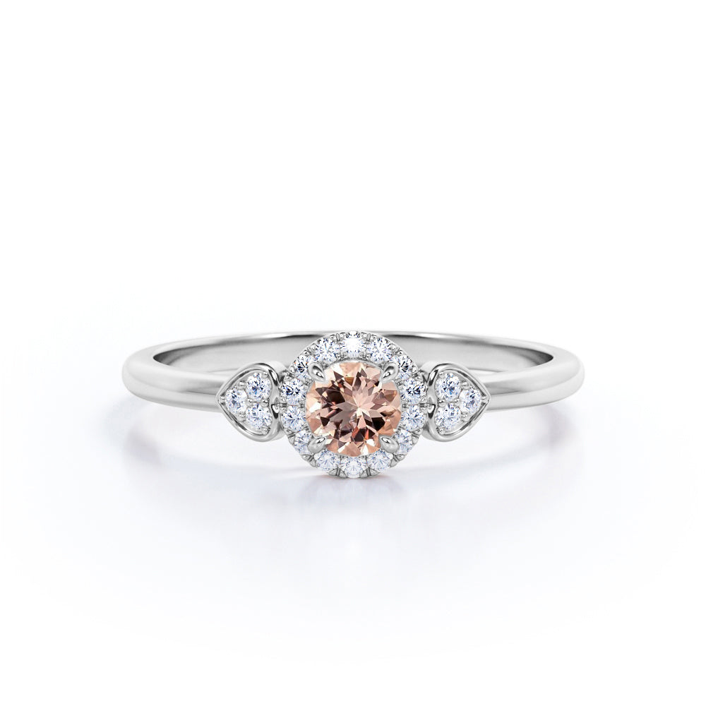 East West Setting Mirror Hearts 0.7 carat Round Morganite and Moissanite Engagement Ring in Rose Gold