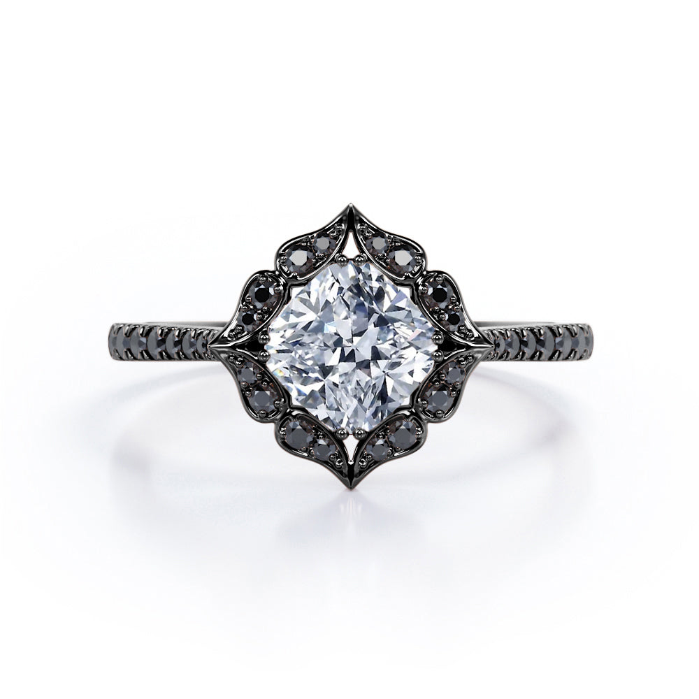 Vintage Filigree Cluster 1.5 TCW Cushion Cut Moissanite with Lab Created Black Diamond Engagement Ring with Pave Accents in Yellow Gold