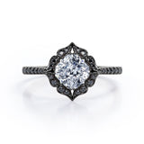Vintage Filigree Cluster 1.5 TCW Cushion Cut Moissanite with Lab Created Black Diamond Engagement Ring with Pave Accents in Yellow Gold