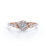 Swirl Halo 1 Carat Round Colorless Moissanite and Diamond French Pave Engagement Ring in Rose Gold