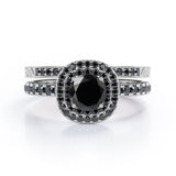Cushion Double Halo 1.75 TCW Round Brilliant Cut Lab Created Black Diamond Bridal Set with Pave Accents in White Gold