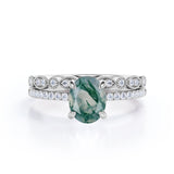 Timeless 4 Prong Solitaire 1.50 Carat Oval Cut Opaque White Mossy Green Agate and Diamond Art Deco Band Wedding Ring Sets