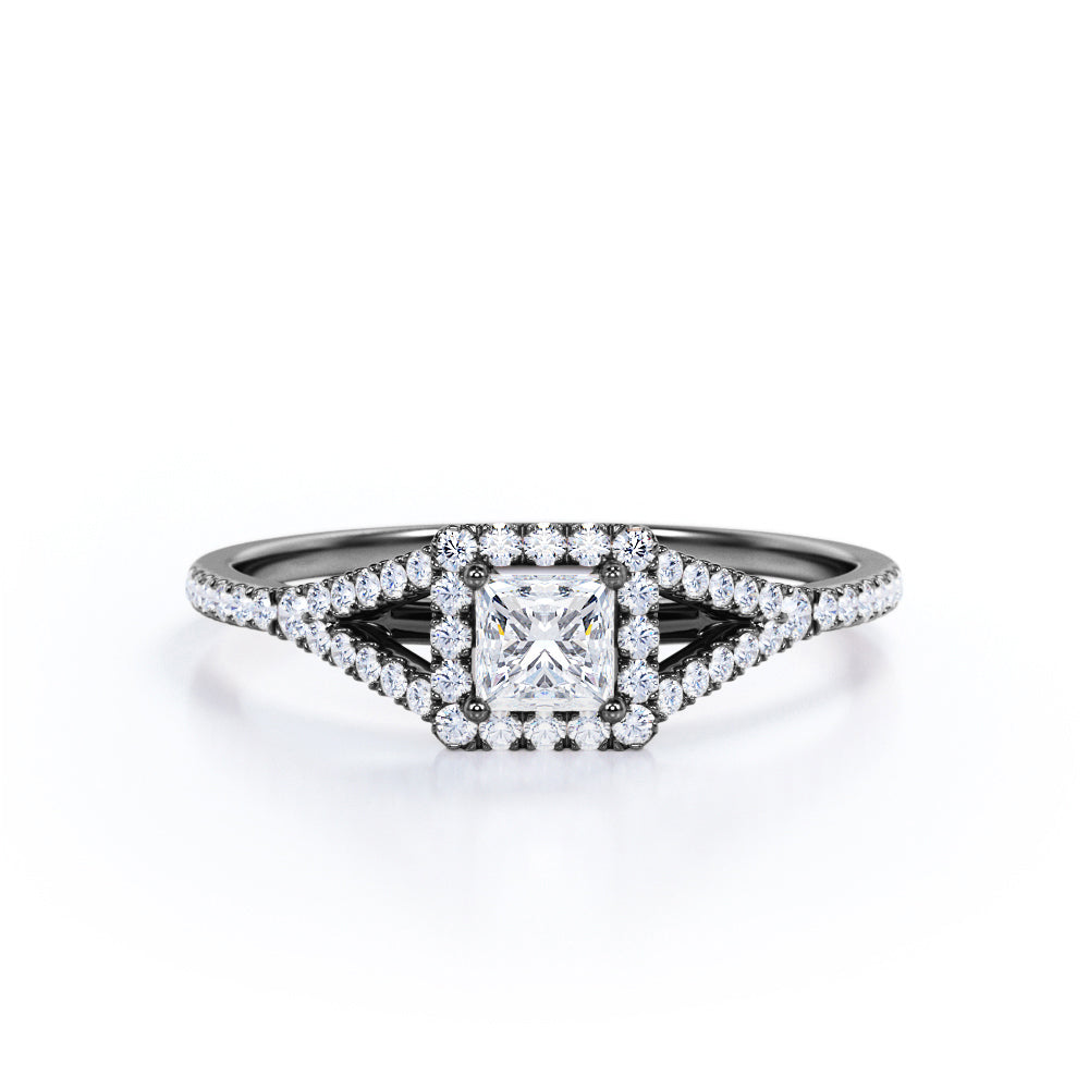 Women's Ring 1 carat Square Moissanite and Diamond Split Shank Engagement Ring in White Gold