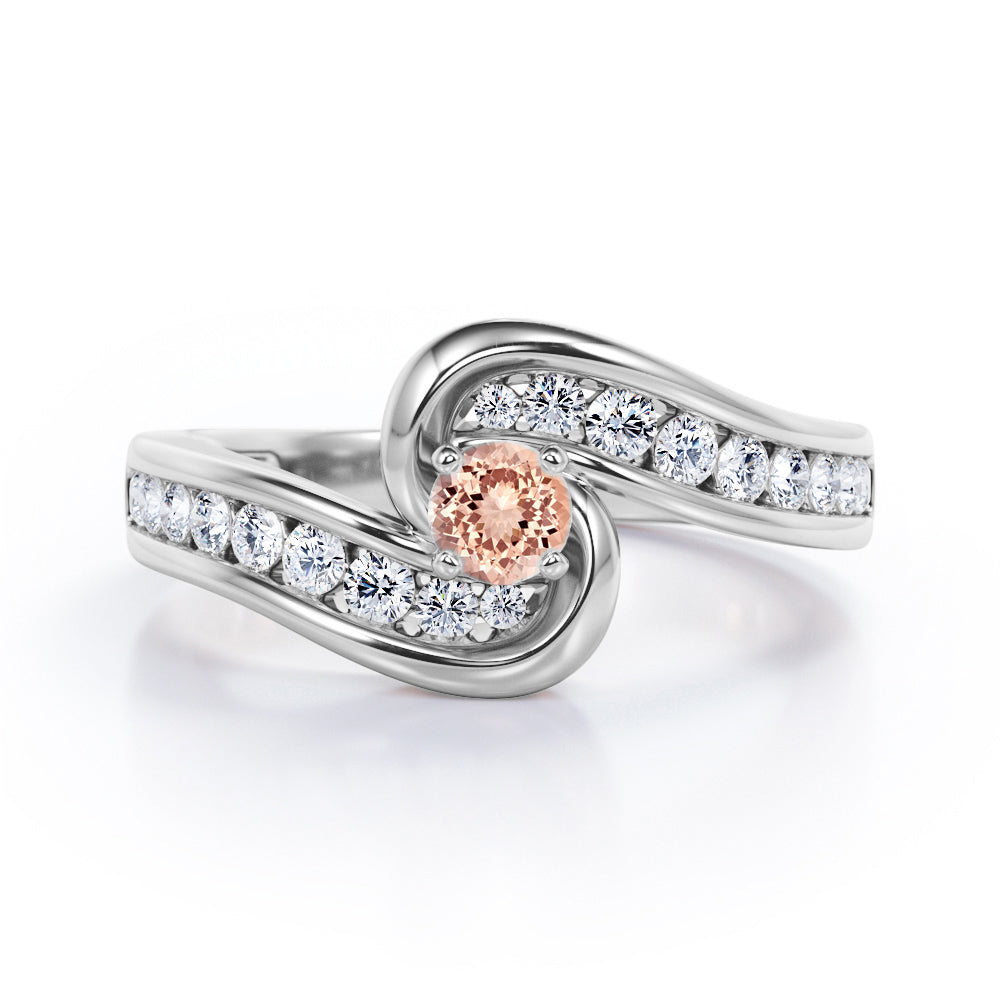Spinning 0.7 carat Round Morganite and Moissanite Channel Engagement Ring in Rose Gold