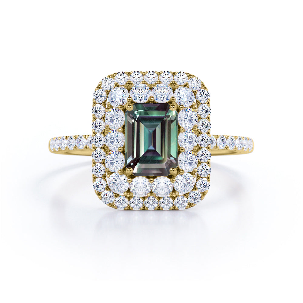 Clustered 1.75 Carat Emerald Cut Lab Created Alexandrite and Diamond Double Halo Pave Engagement Ring In White Gold.