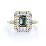 Clustered 1.75 Carat Emerald Cut Lab Created Alexandrite and Diamond Double Halo Pave Engagement Ring In White Gold.