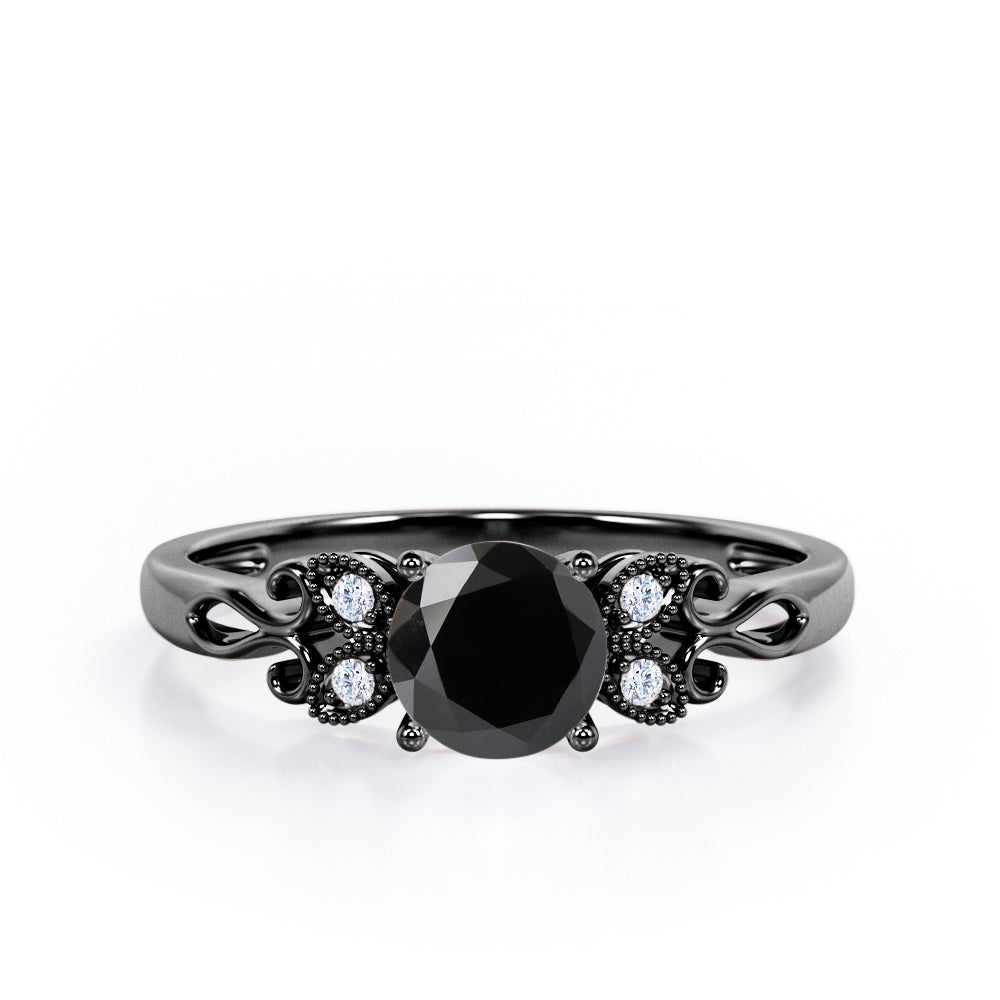 Tiny Butterfly 0.5 carat Round Black Diamond Vintage Engagement Ring in Rose Gold