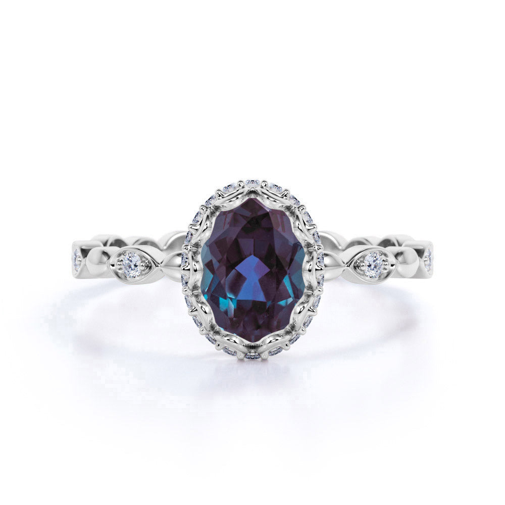 1.25 Ct Oval Cut Lab Alexandrite Halo Engagement Ring