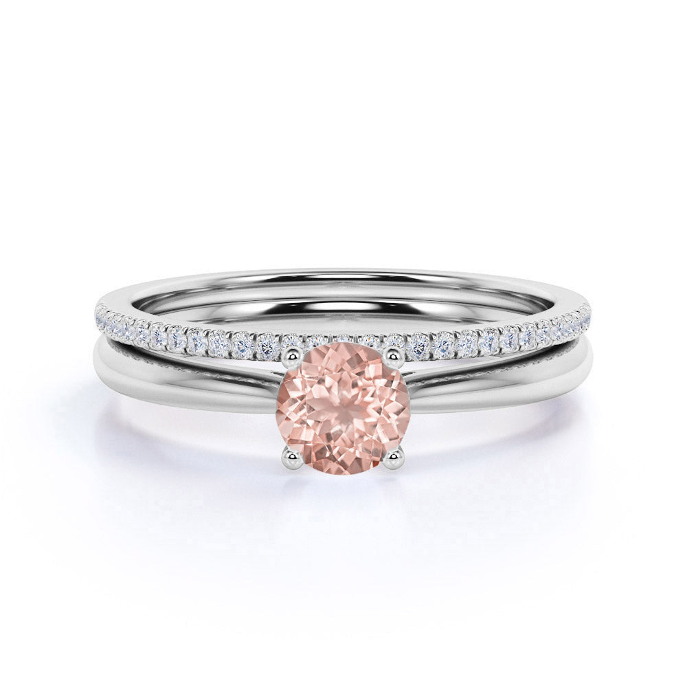 Solitare 1.25 ct Round Morganite Pave Bridal Ring Set