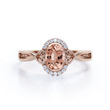 Plain Band 1.50 Carat Oval Cut Morganite and Diamond Halo Engagement Ring in Rose Gold