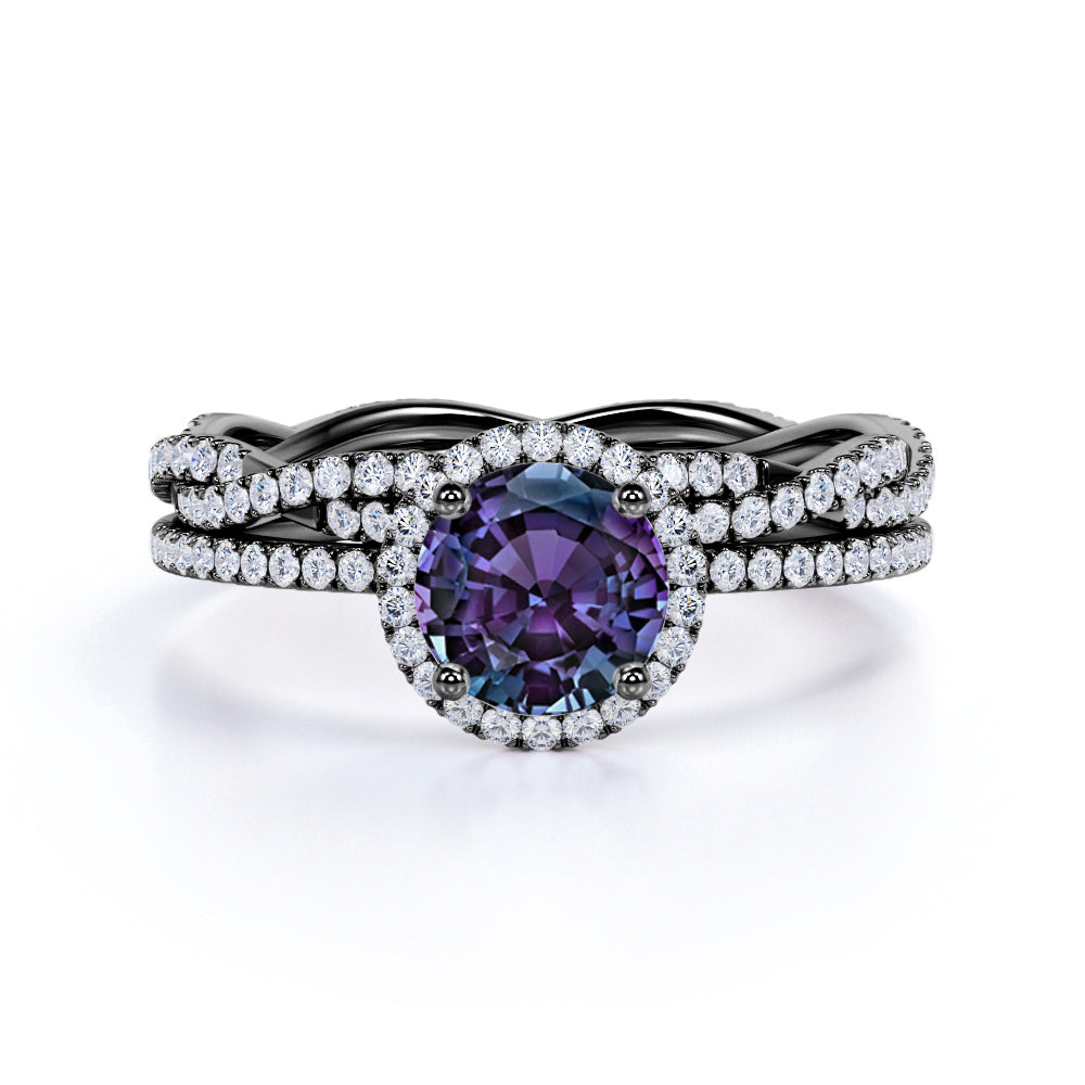 Infinity Halo 2 Carat Round Cut Simulated Alexandrite and Diamond Eternity Modern Wedding Ring Sets