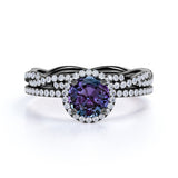 Infinity Halo 2 Carat Round Cut Simulated Alexandrite and Diamond Eternity Modern Wedding Ring Sets