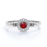 Floral Style 1.25 Carat Round Cut Lab Ruby and Diamond Engagement Ring in White Gold