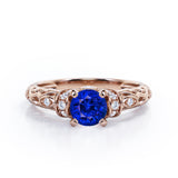 Unique Four Prong 1.15 Carat Round Cut Sapphire And Diamond Art Deco Engagement Ring In Rose Gold