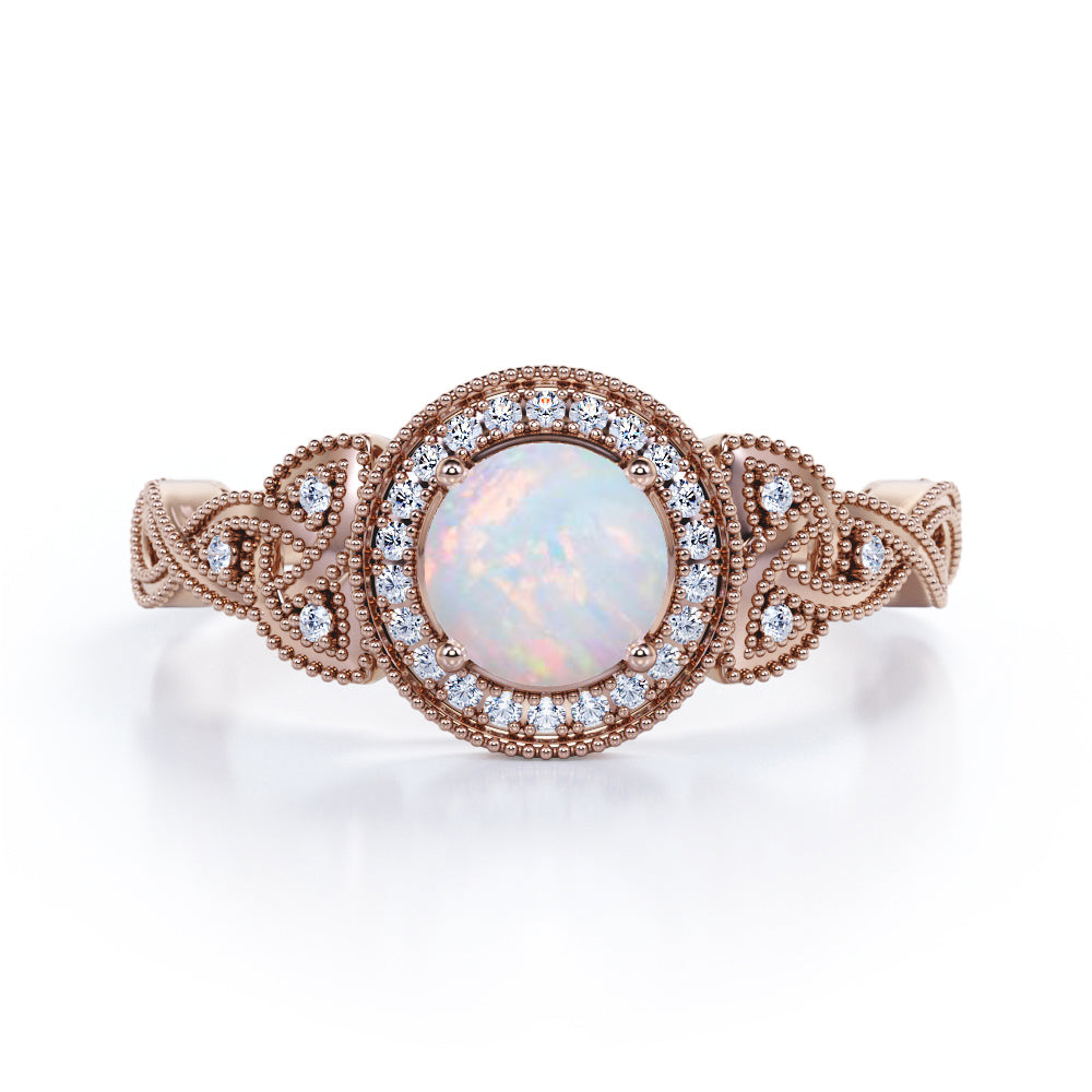 Intertwined 1.35 Carat Infinity Round Cut White Fire Opal And Diamond Vintage Milgrain Halo Engagement Ring In White Gold For Her