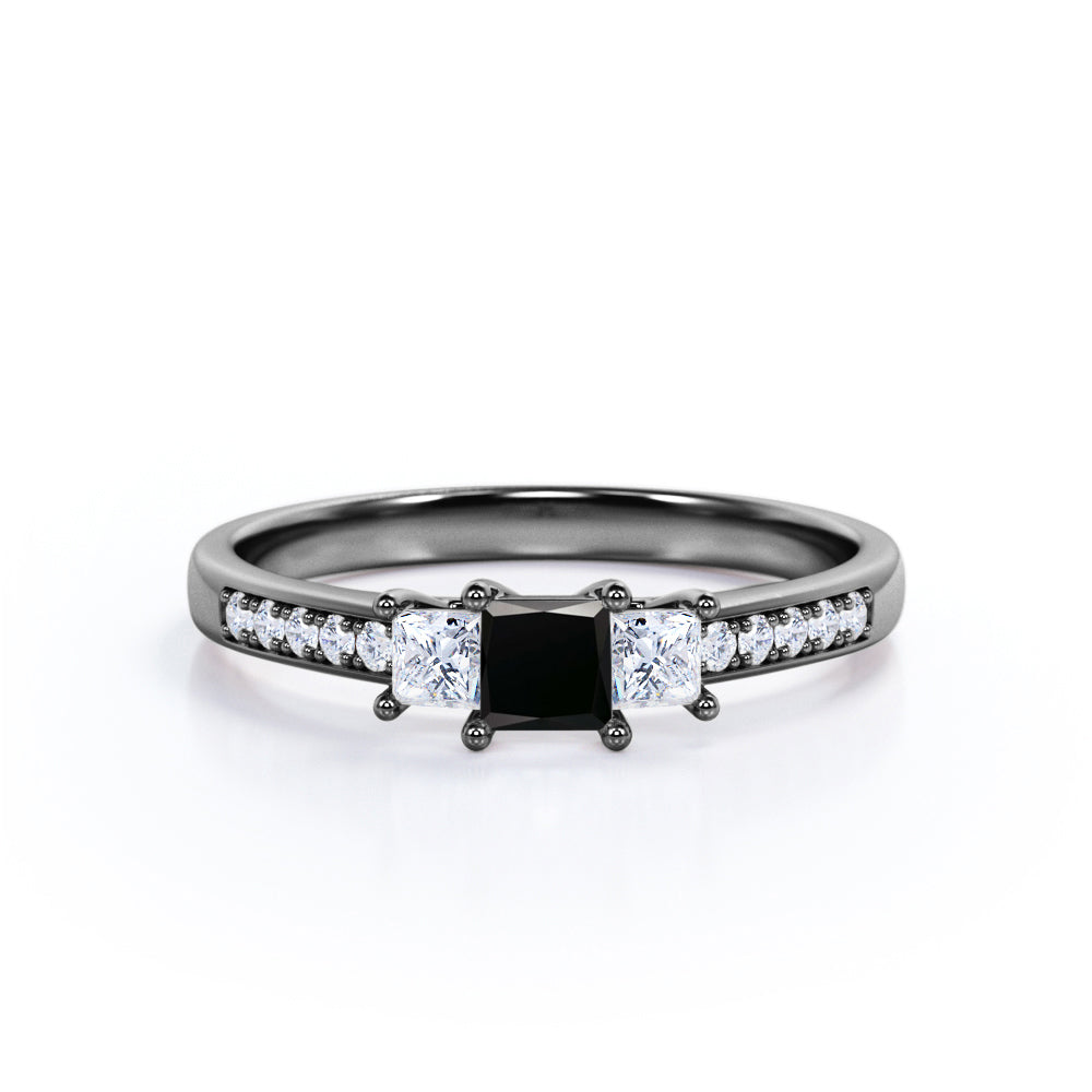 1.25 Carat Princess Cut Lab Grown Black Diamond Three Stone Trilogy Engagement Ring In White Gold