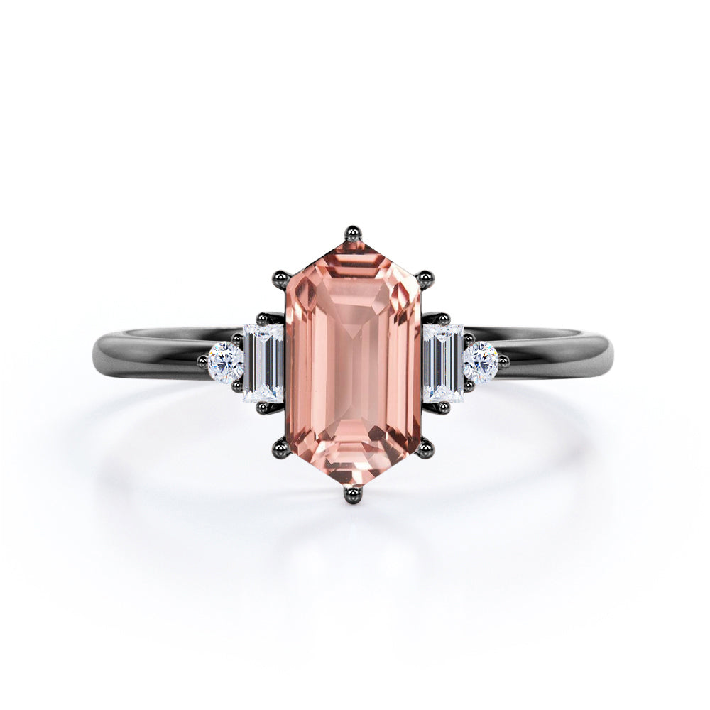 Five Stone Natural 0.5 carat Hexagon Morganite and Moissanite Minimal Style Engagement Ring in Rose Gold