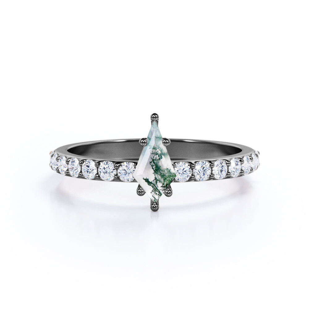 Petite 1.25 carat Step Cut Moss Agate and Moissanite Engagement Ring in White Gold