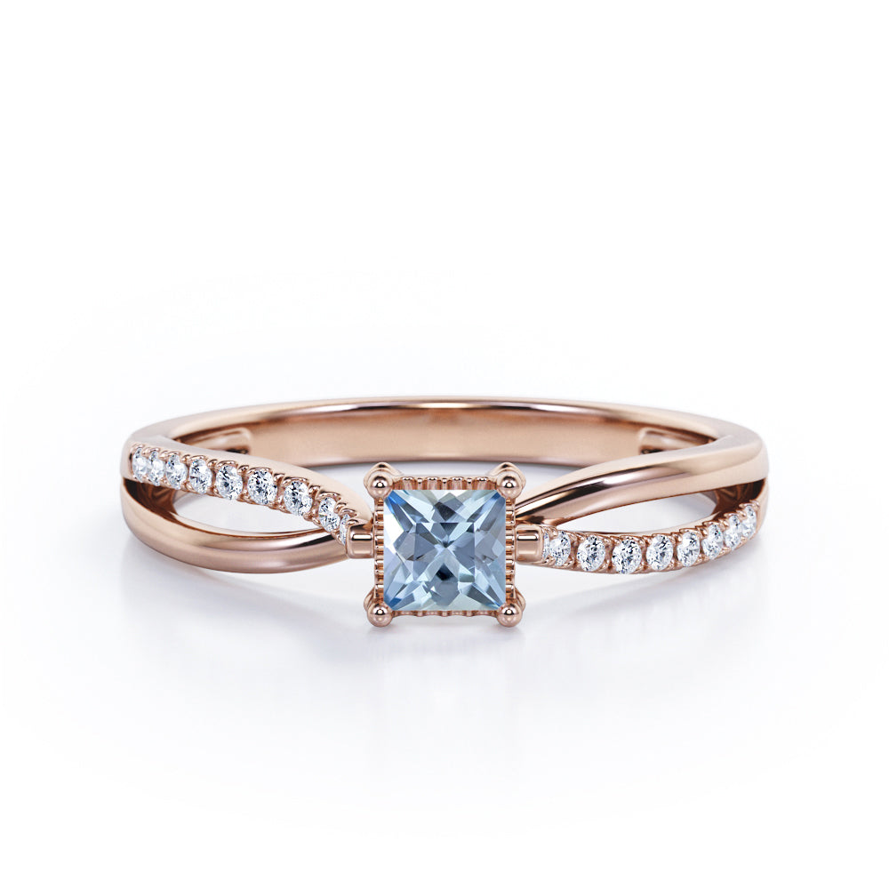 Twisted and Split Pinched Shank 0.65 carat Princess Aquamarine and Moissanites Elegant Engagement Ring in White Gold