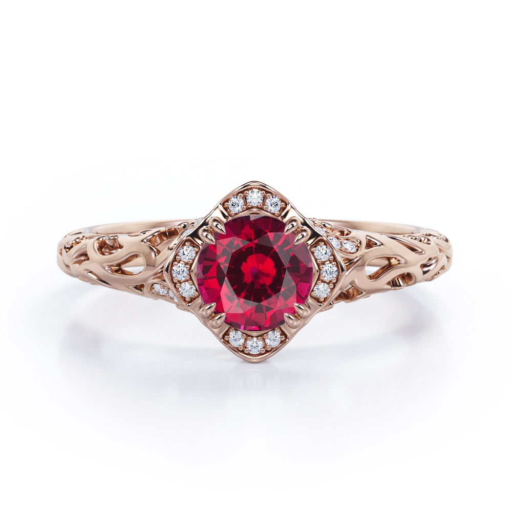 Modern Art Deco 1.10 Carat Round Cut  Lab Ruby And Diamond Cushion Framed Halo Engagement Ring In White Gold